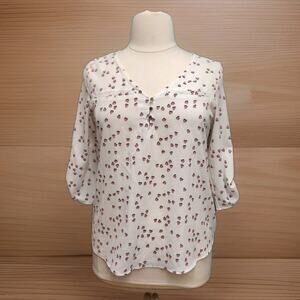 Janet Chung Heart Print Popover Top XL Round Hem White Pink 3/4 Sleeve